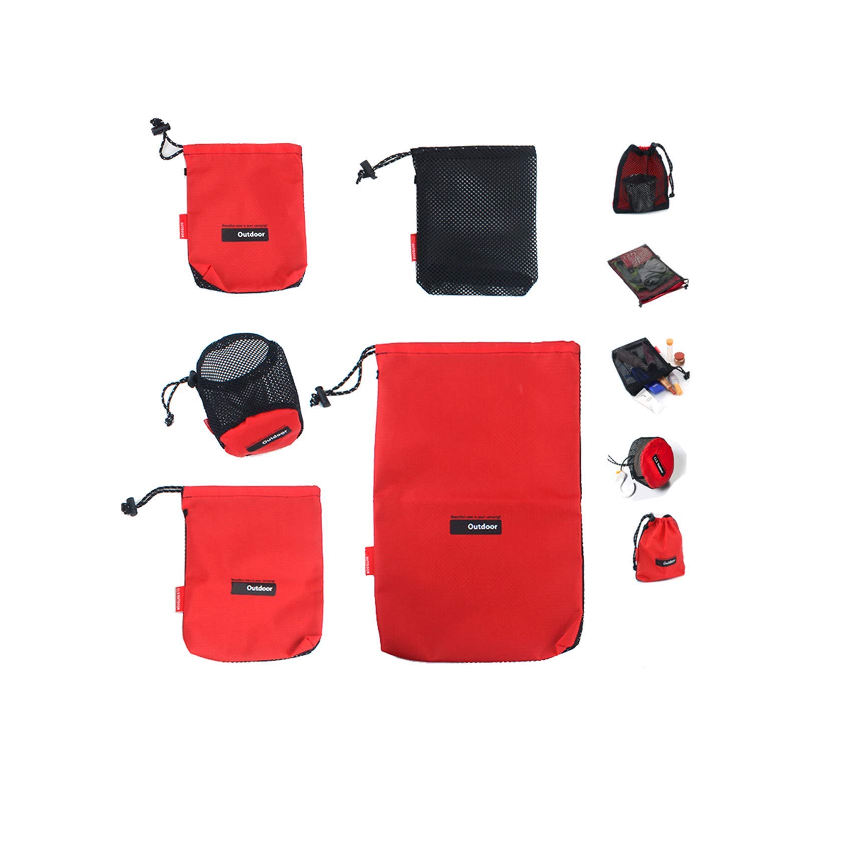 KorhLeoh Set of 5 Nylon And Mesh Patchwork Drawsting Bags Stuff Sack Cinch And Ditty Stuff Pouch With Toggle For Gym Travel Storage