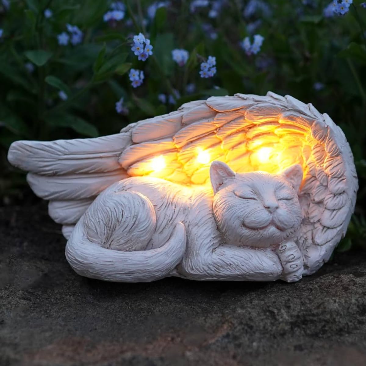 Festive Lights - 19.5cm Solar Stone Effect Cat Angel Wings Memorial Light with 3 Warm White LEDs - Weather Resistant Polyresin, Outdoor Garden Tribute Ornament - Integrated Panel, Automatic Night Glow