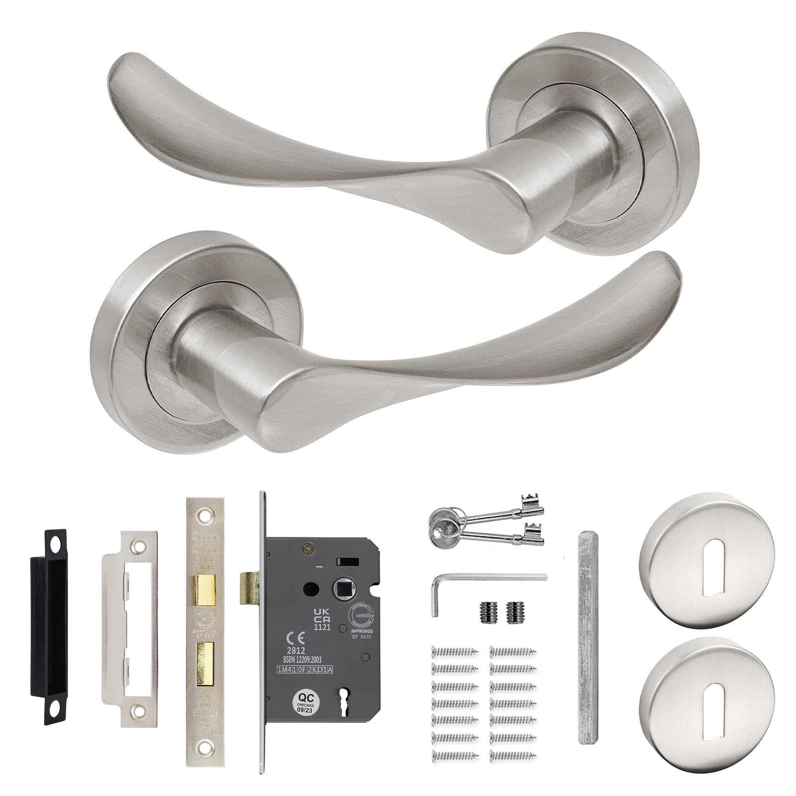 Decoranddecor Brushed Chrome Door Handle Levers Aluminium Alloy Handles Lever with Sash Lock Kit — image 1
