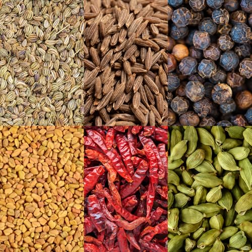 Image of Zoff Whole Powder Masala Combo - Cumin, Red Chilli, Black Pepper, Green Cardamom, Fenugreek Seeds & Ajwain - Authentic Indian Spices for Cooking, Seasoning, and Flavoring