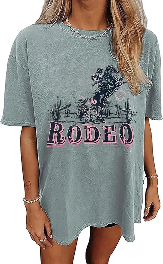 Women's Western Cowboy Shirts Vintage Rodeo Graphic Oversized Tops Country Music Tees Short Sleeve Cowgirl T-Shirt