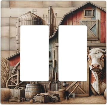 Farmhouse Rustic Farm Cow Animal Light Switch Cover Decorative | 2 Gang Double Rocker Wall Plate Cattle Cabin Switchplate Electrical Faceplate for Kitchen Bathroom Bedroom 4.6" x 4.5"