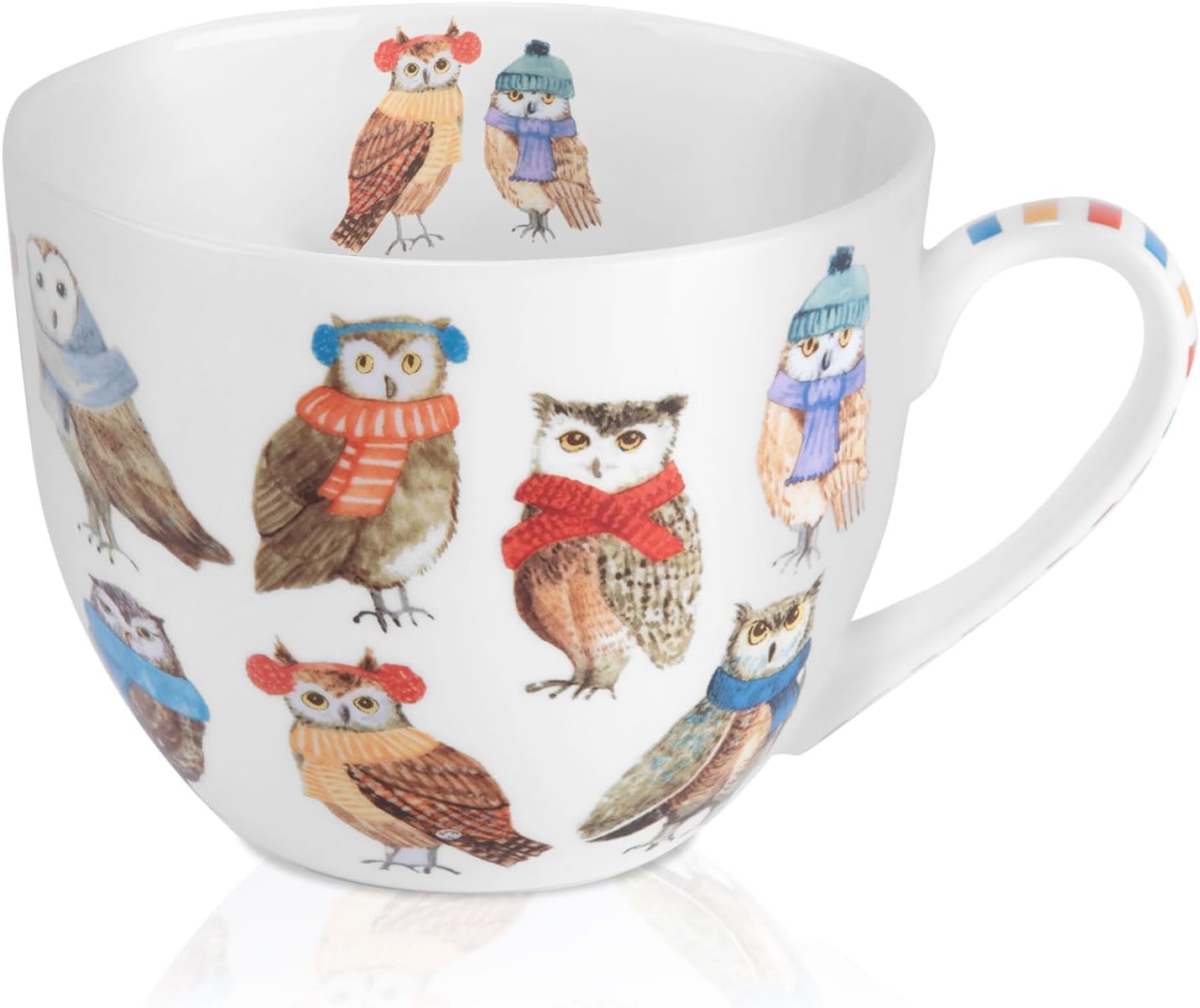 Cute Autumn Owls Coffee Mug, 20 oz Bone China Mugs with Charming Owls in Color Scarves and Hats, Perfect Brithday and Christmas Gift for Bird Enthusiasts, Designed in England by Harvest Green Studio