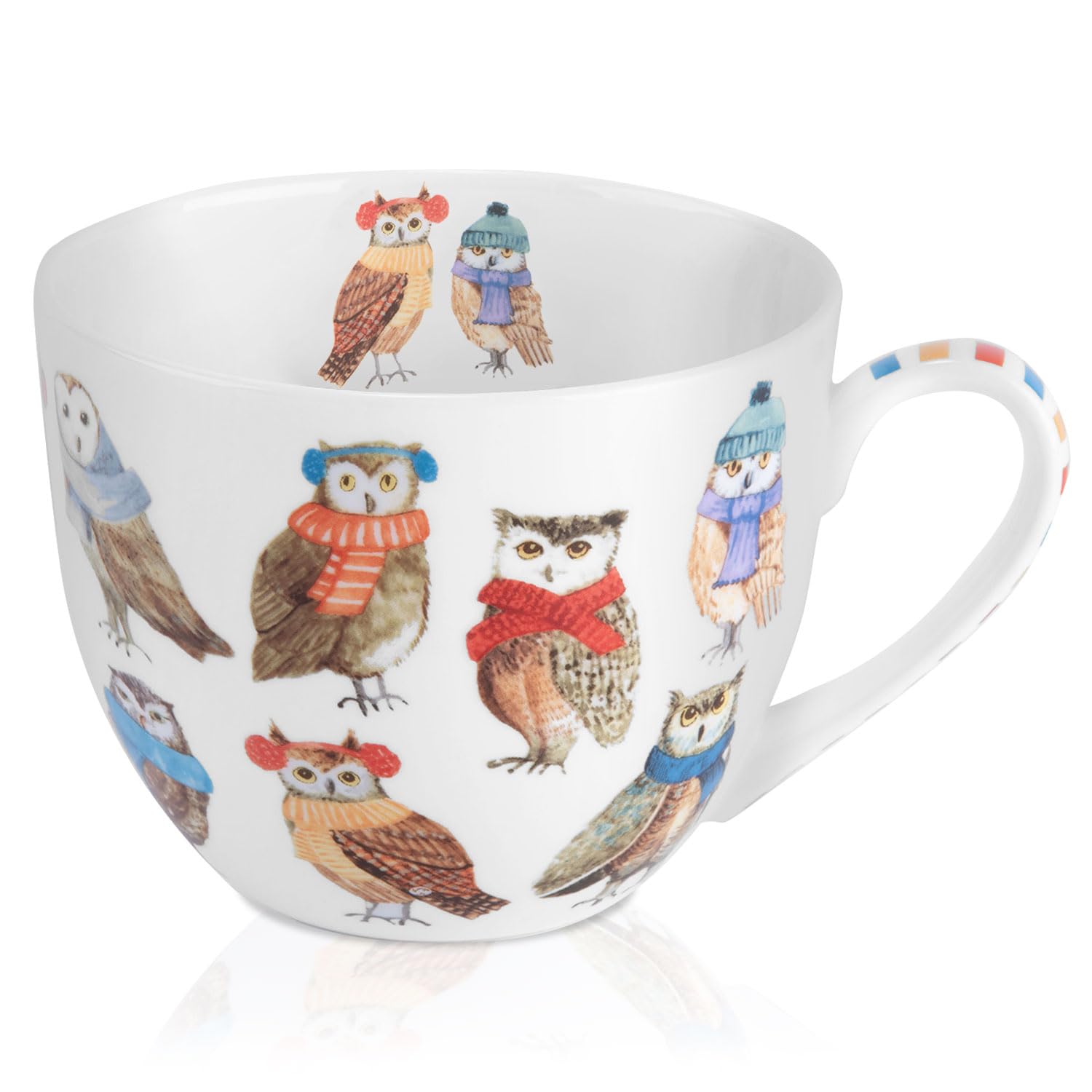 Cute Autumn Owls Coffee Mug 20 oz Bone China Mugs with Charming Owls in Color Scarves and Hats