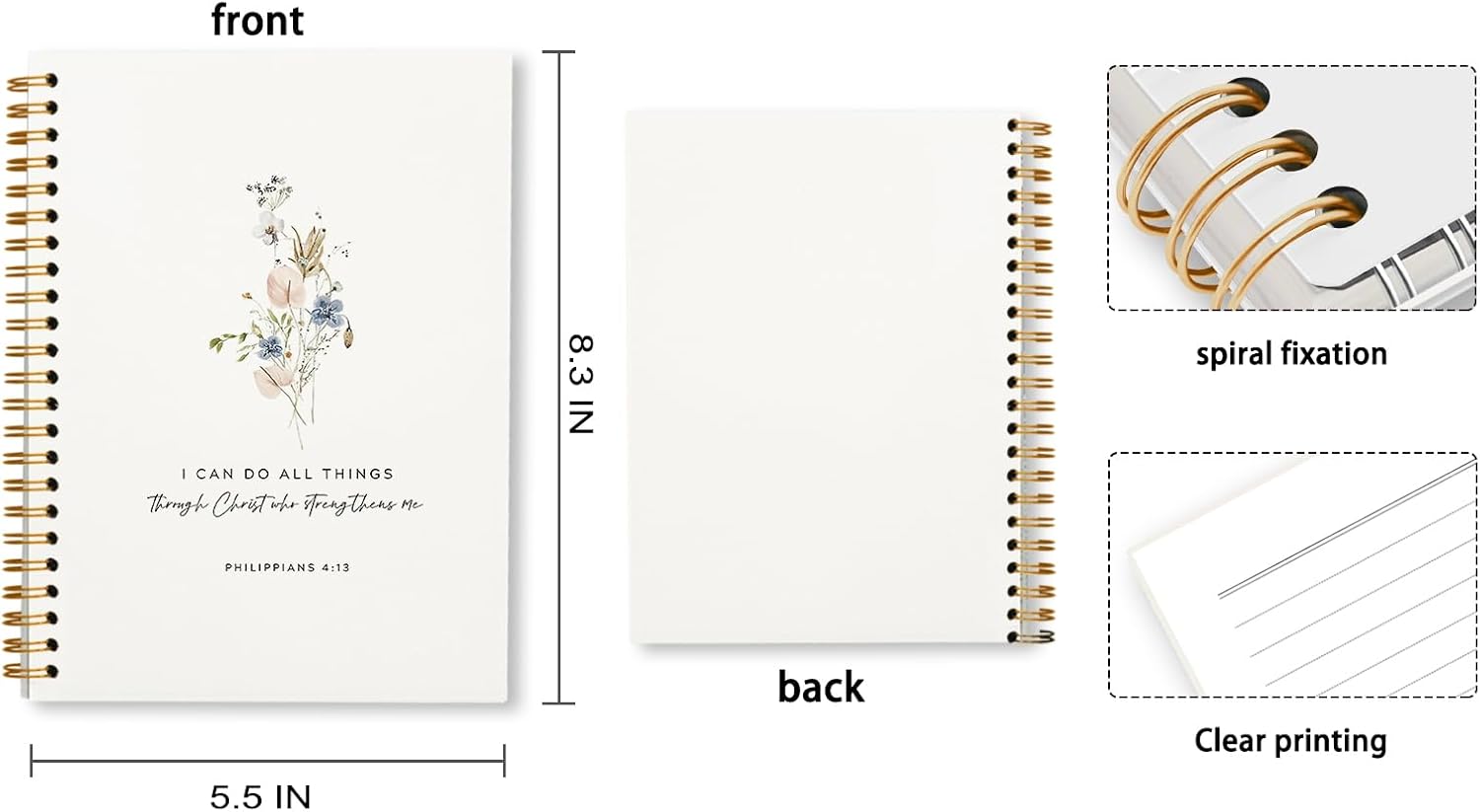 Tizzer Christian Bible Notebook for Women, Floral Christian Prayer Spiral Journal, Scripture Bible Journaling Notebooks for Note Taking, Christian Gifts for Women, Philippians 4:13 I Can Do All Things Hardcover Spiral Notebook 5.5x8.3 - Image 4