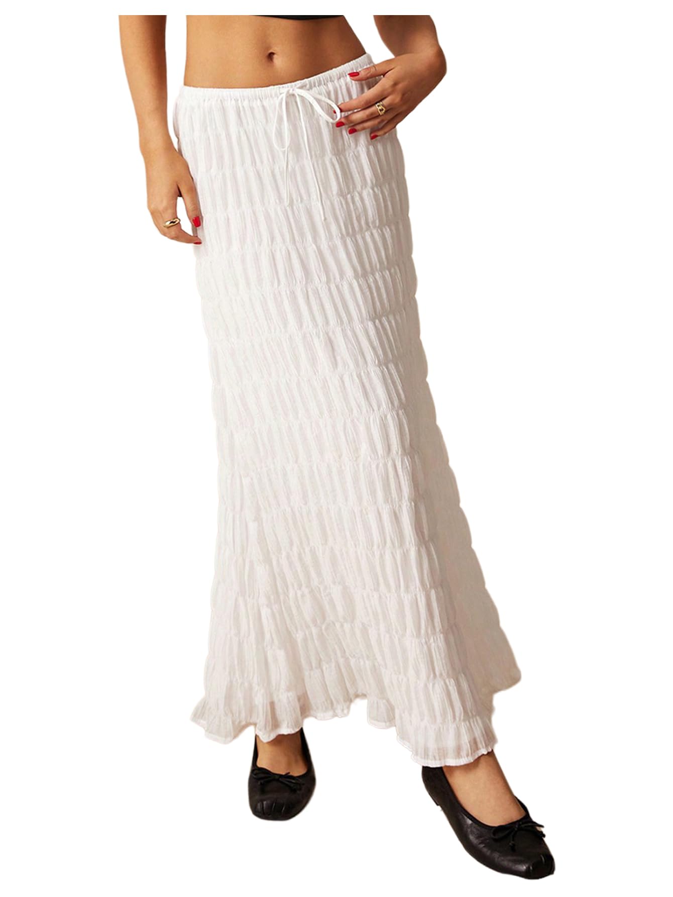 Verdusa Womens Maxi Skirt Shirred Ruffle Textured Pencil Skirt Boho Maxi Long Skirts Going Out
