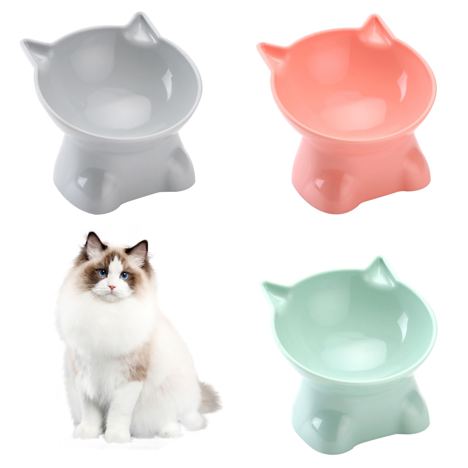 3Pcs Raised Cat Bowl, Elevated Cat Food Bowls with Stand Tilt, Pet Dog Cat Bowl Anti-Tipping, Anti-Vomiting Cat Food Bowl Food Bowl Cat Dishes 15° Tilt Raised Cat Feeder