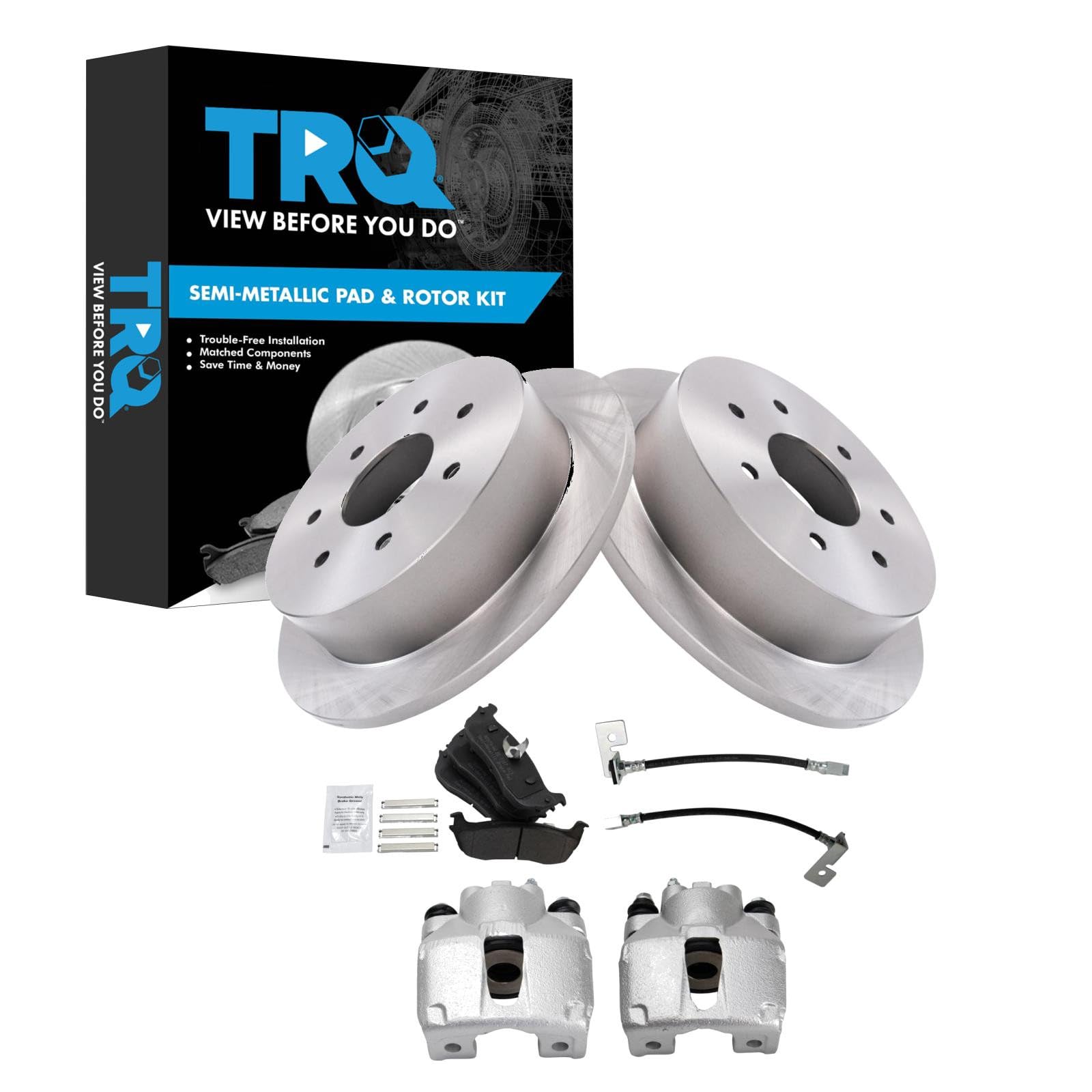 TRQ Rear Brake Pad and Rotor Set Semi Metallic Calipers Compatible with 2000-2003 Ford F-150 2004 F-150 Heritage