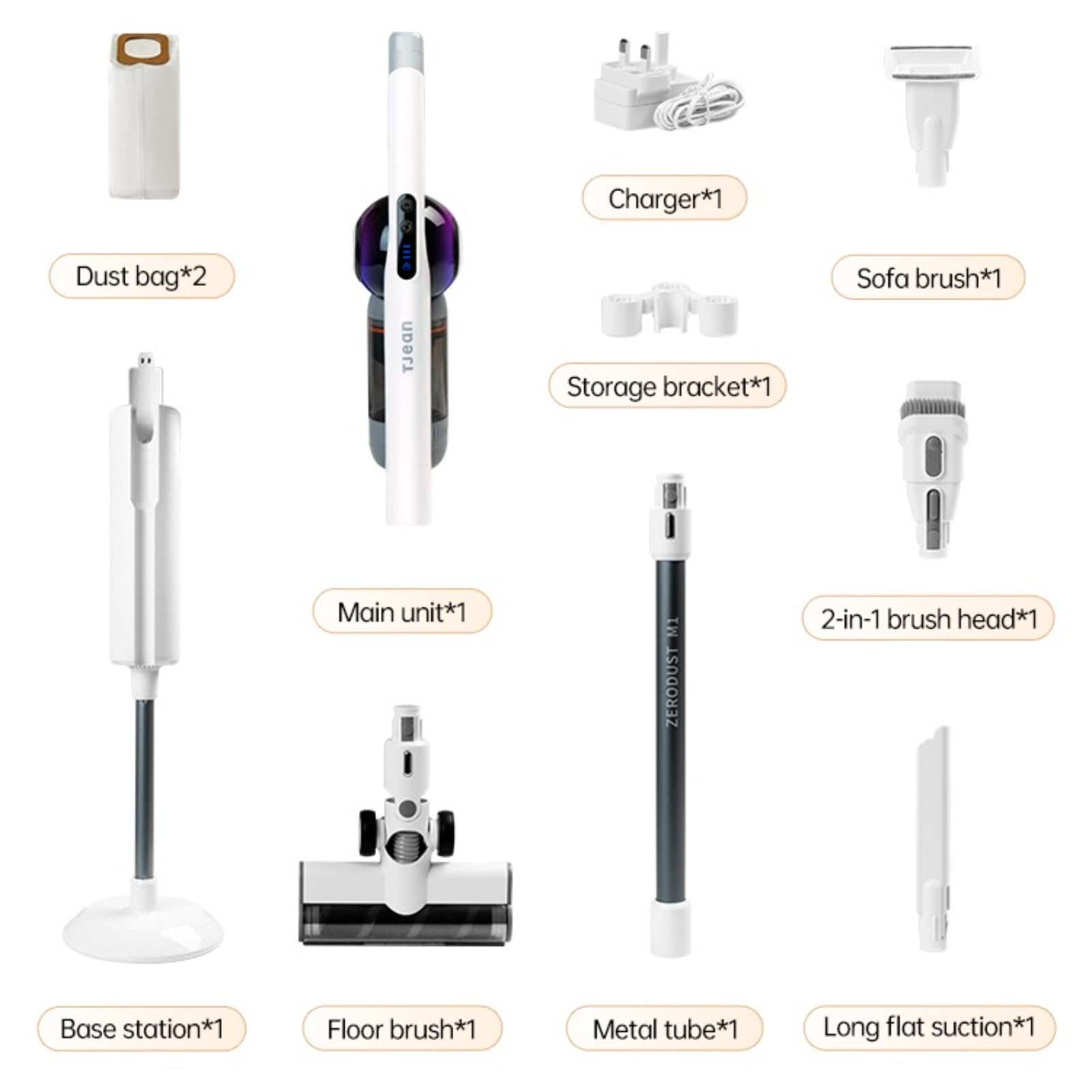 Tjean DustBase P7 Selbstleerende Akku-Staubsauger mit 2l-Basis 45 Min., 280AWAnti, Hair Wrap, Aufsatz für Haustiere, Multi-Oberflächen und Fugen(DustBase P5 Weiß)