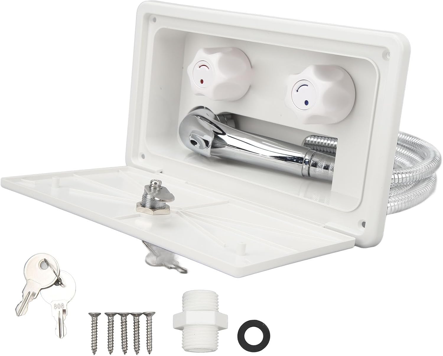 Asixxsix RV Exterior Shower Box, Outdoor Campers Trailer Shower Kit with Sprayer Head & 1.5m Metal Hose, RV Outdoor Shower Box Kit for Campers Van Travel Trailer Motorhome and Boat (White)