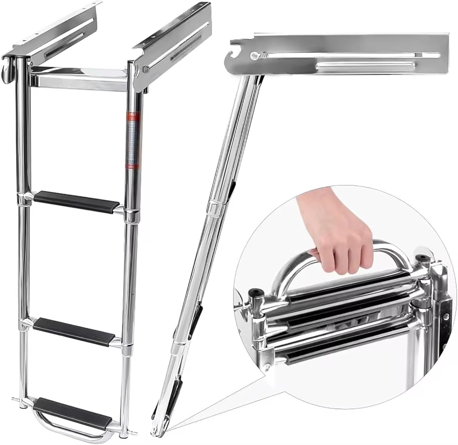 3 Step Boat Ladder with Handle, 316 Stainless Steel Telescoping Boat Ladder Slide Mounted Deck Ladder Under Platform Ladder Saving Space,Silver,3 Step