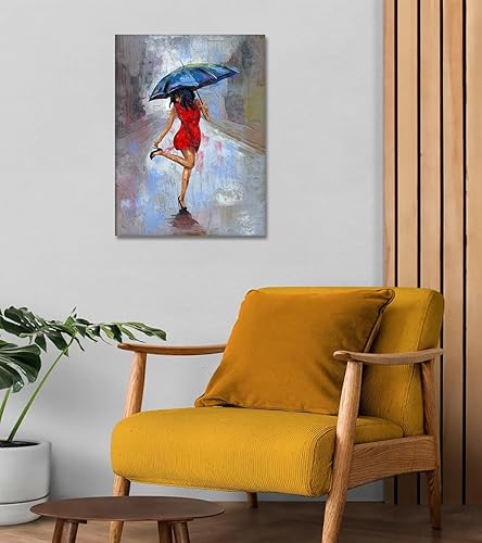 Miniatura 10 de Lienzo moderno para pared, arte abstracto, póster de calle para niña, caminando con paraguas amarillo, pintura de imagen impresa en lienzo, obra de