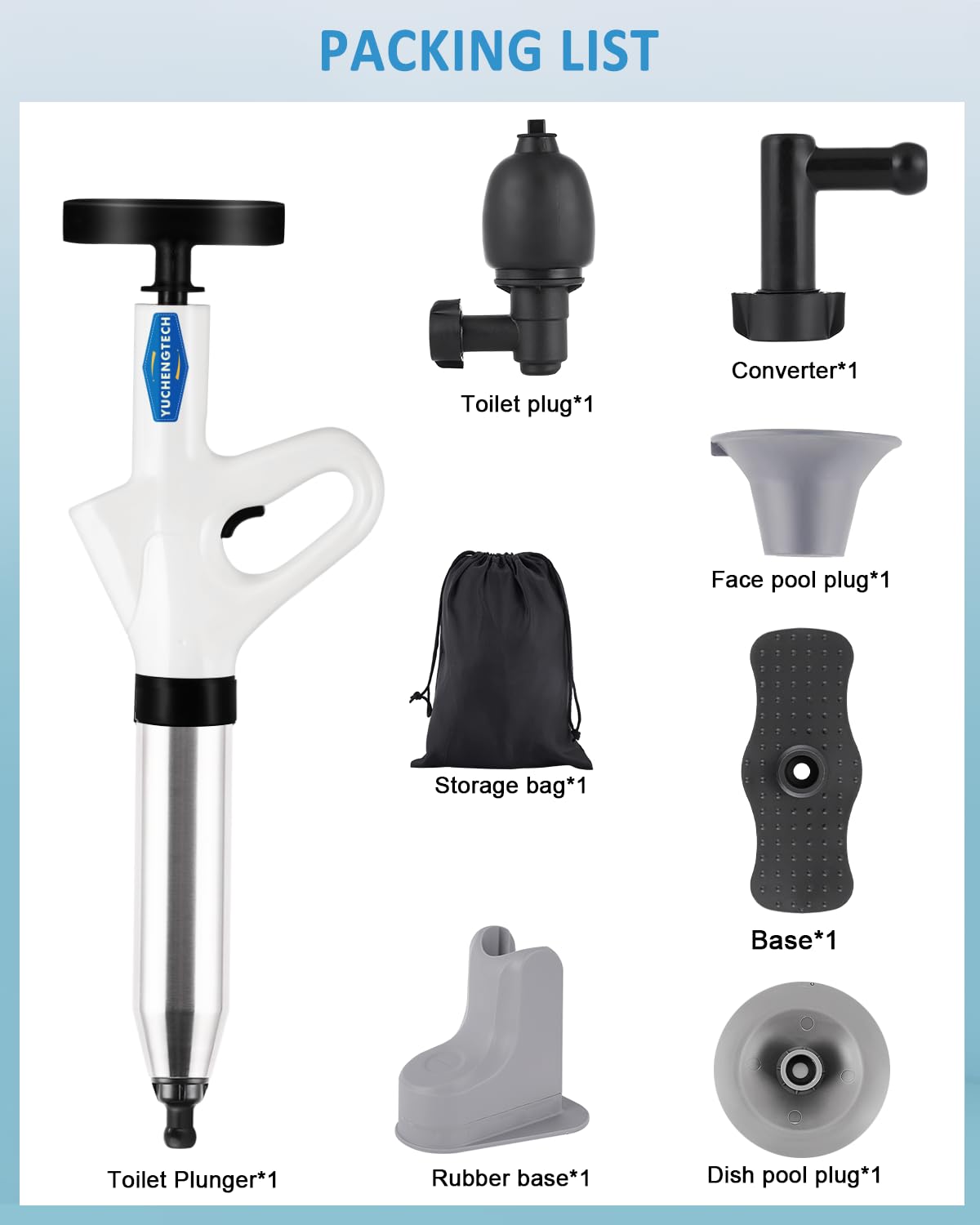 YUCHENGTECH Déboucheur WC Puissant Deboucheur Toilette Haute Pression Pompe Deboucheur Canalisation avec un Support et 4 Têtes Remplaçables pour Déboucher les Toilettes/Lavabo/Baignoire/Drain de Sol