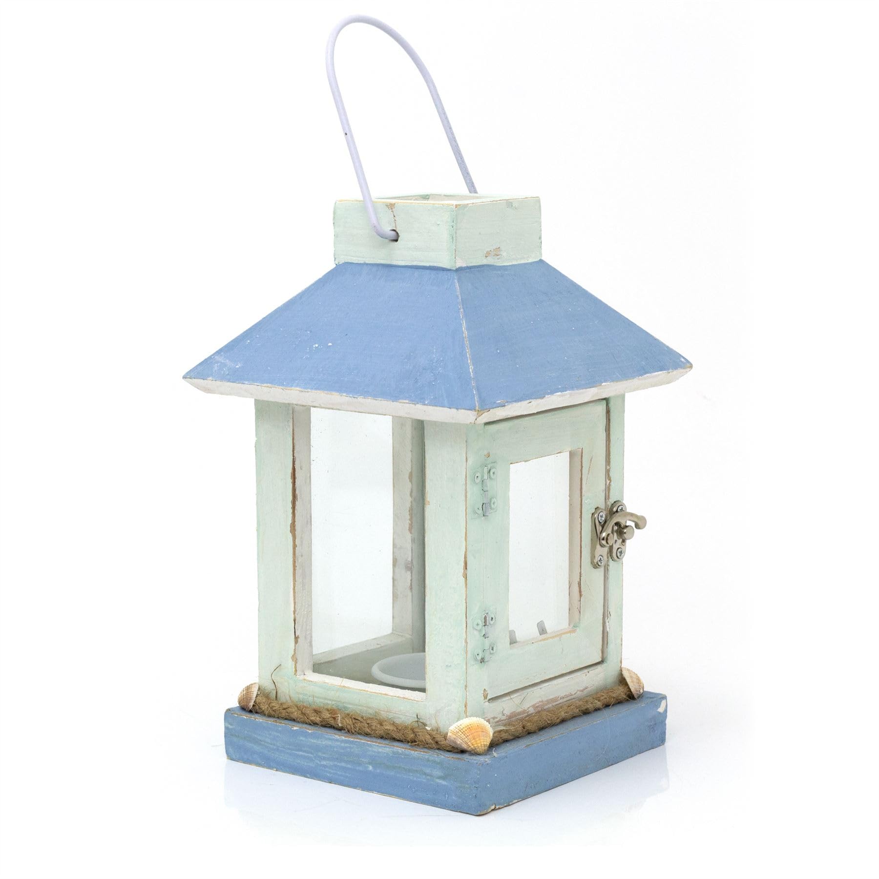 Nautical Blue Wooden Tea Light Candle Lantern With Handle | Shabby Chic Tealight Candle Holder | Hanging Wooden Lantern For Candles