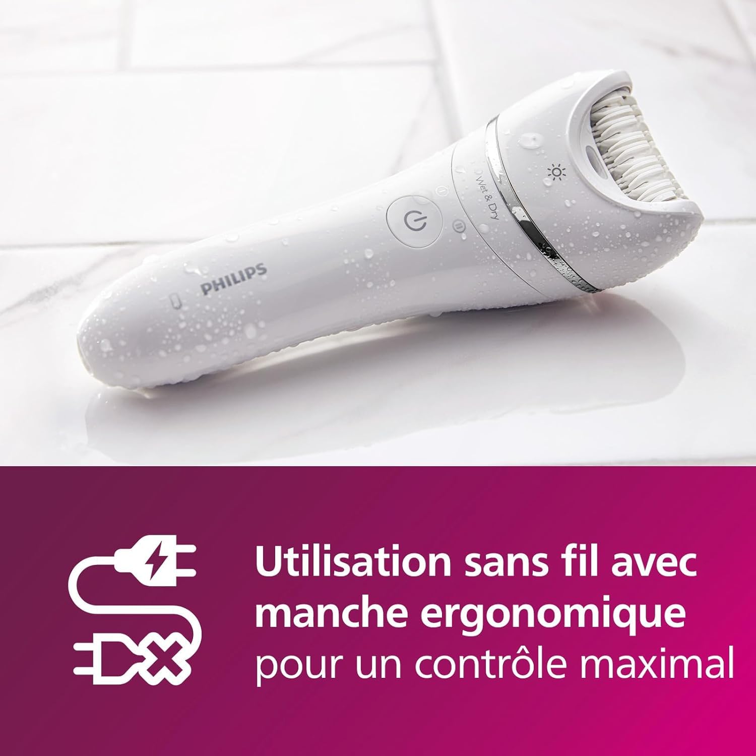 Philips Series 8000 Epilateur Wet & Dry sans fil pour jambes et corps, 6 accessoires, tondeuse, embout exfoliant, BRE715/00
