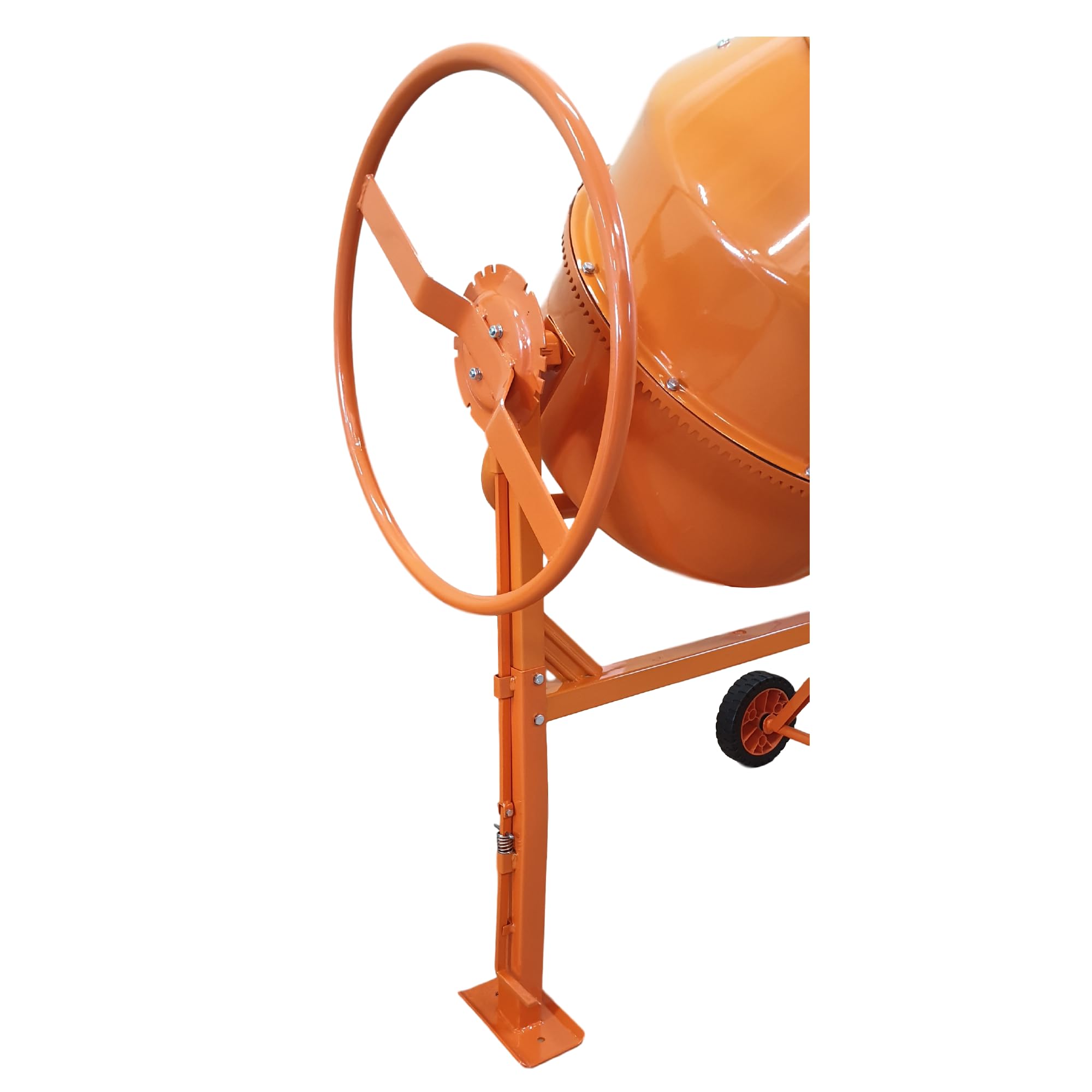 Betonmischer BAU200, 200L Trommel, 1050W Motor, Orange, Stahlrahmen mit Metall-Zahnkranz, Kunststoffräder, Kipp-Handrad