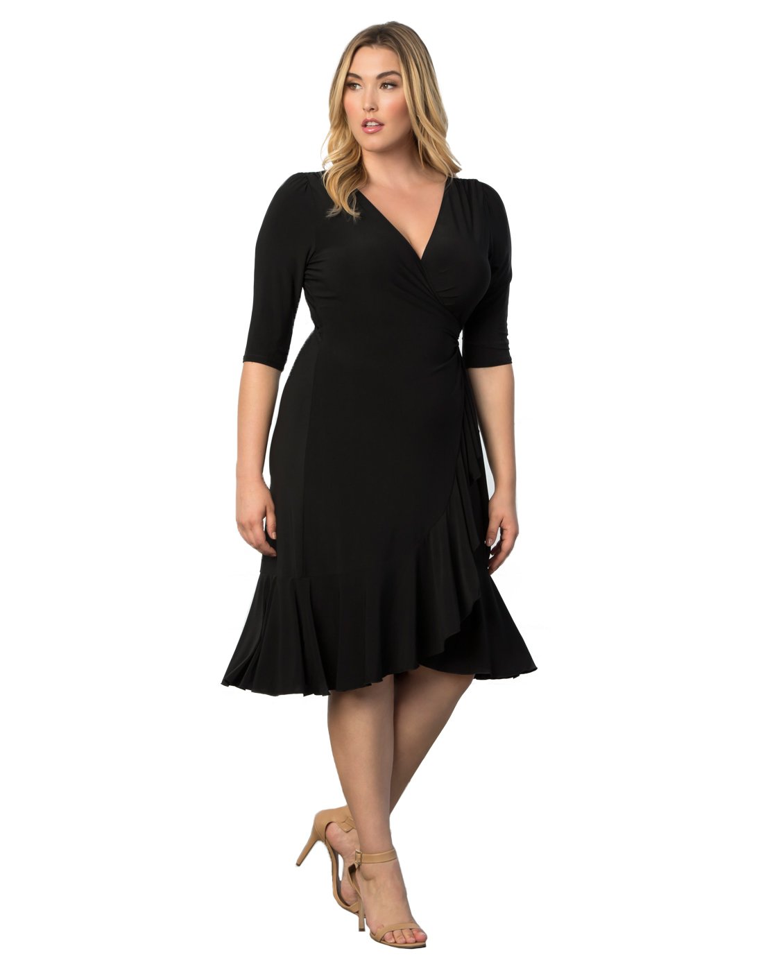 KiyonnaKiyonna Plus Size Whimsy Ruffled Midi Wrap Dress with Sleeves | Cocktail, Party, Wedding Guest or Work