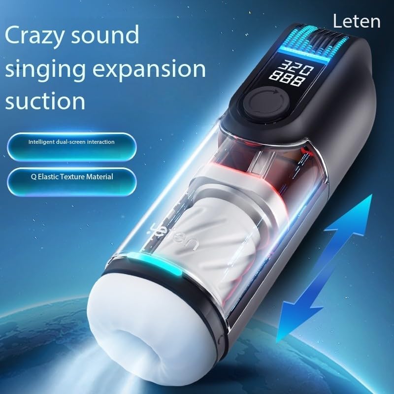 Leten Thunder Cannon King Luxury Edition showing telescopic movement with an arrow, and callouts for Intelligent dual-screen interaction and Q Elastic Texture Material.