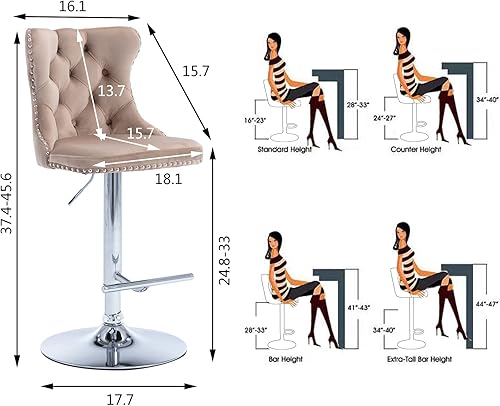 Miniatura 155 de Aoowow Juego de 2 taburetes de bar giratorios ajustables con respaldo de terciopelo copetudo, sillas de bar modernas tapizadas con cabeza de clavo