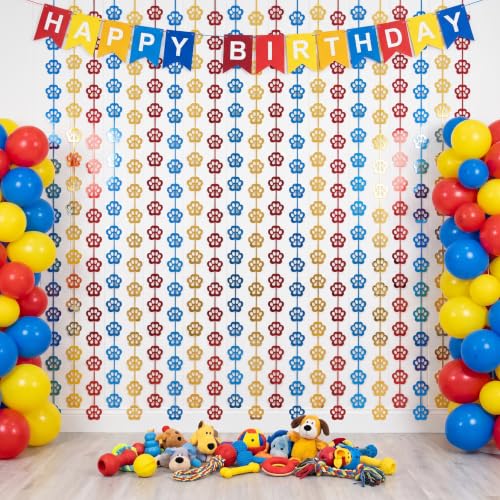 Image of TONIFUL 2Pc Blue Red Yellow Paw Cutouts Metallic Tinsel Foil Fringe Curtain | 3.3ftx6.6ft Photo Booth Backdrop Door Tinsel Streamers, Props for Dog Birthday Baby Shower Puppy Party Decorations