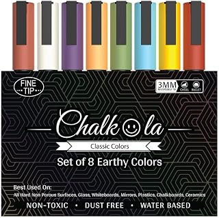 Fine Tip Chalkboard Chalk Pens - Pack of 8 Classic Earth Colors | Non Toxic Wet Erase Liquid Chalk Ink Markers | 3mm Reversible Bullet & Chisel Nib