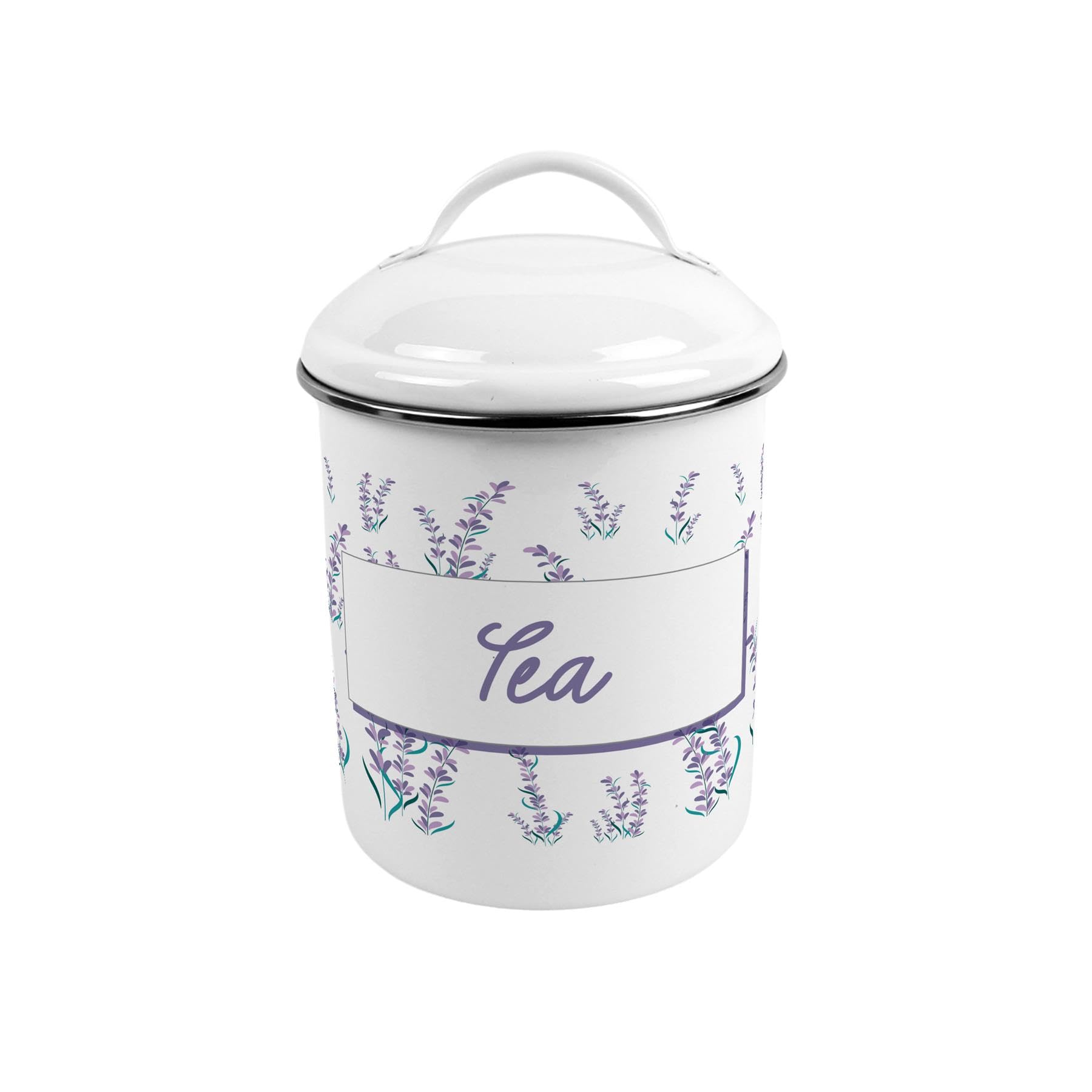 Purely Home Lavender Garden Medium-Sized Metal Tea Canister - Stylish Floral Tin Kitchen Storage Jar - Tea/Coffee/Sugar Caddy Gift With Lid & Handle