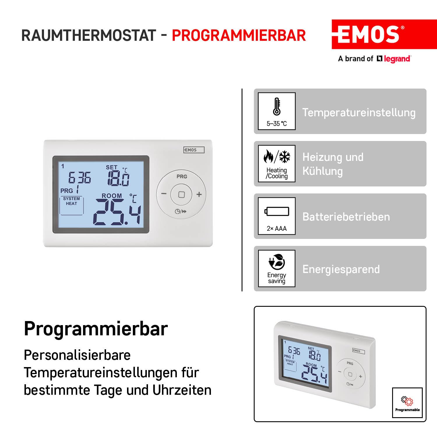 EMOS termostato Digital LCD programable, con Cable, 5–35 °C, calefacción/refrigeración, Montaje en Superficie, protección antihielo, batería incluida, Blanco