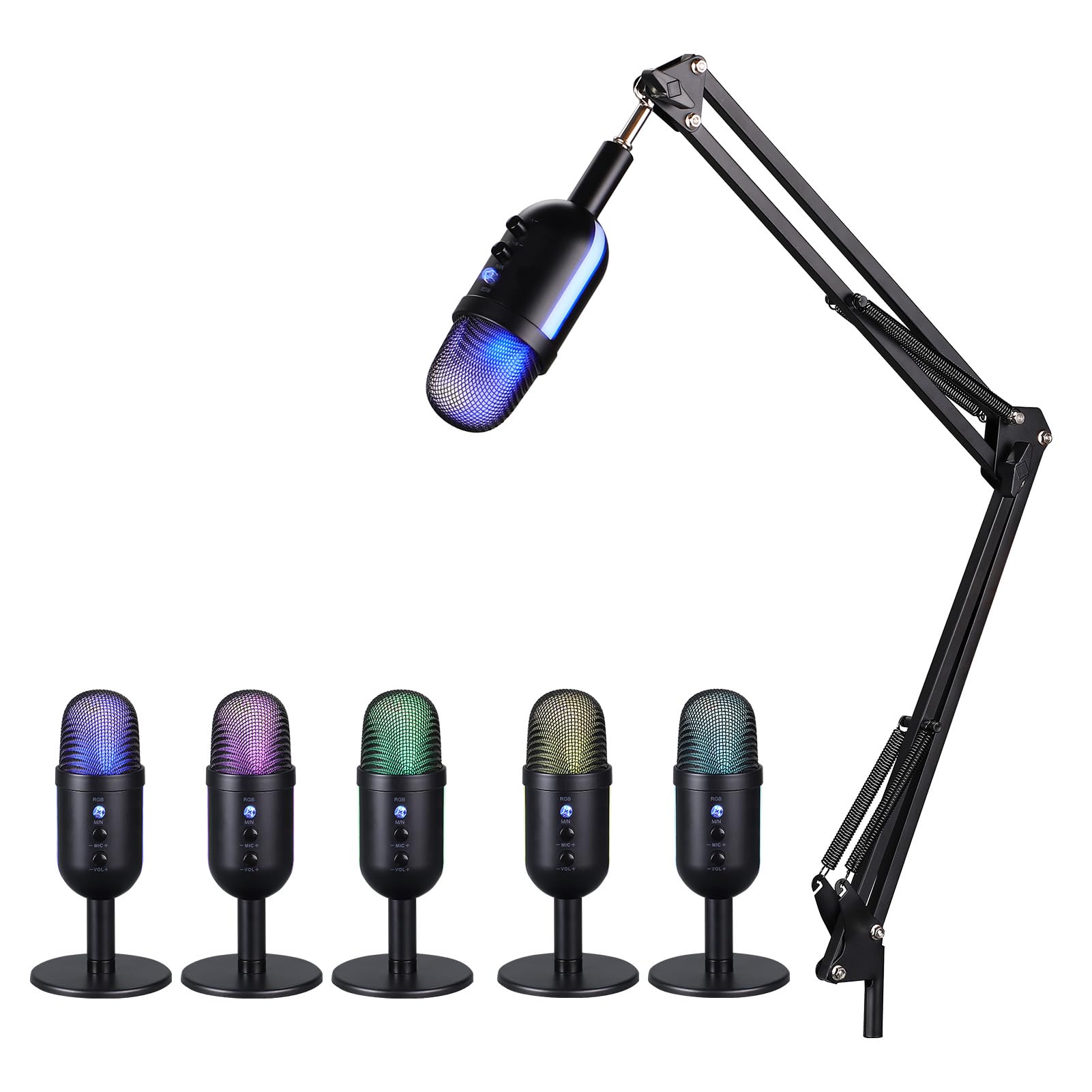 Microphone à Condensateur USB, Lumière RVB Plug and Play, Micro d'ordinateur, Suppression du Bruit, Contrôle du Gain sans Distorsion avec Traitement de Réverbération pour Les Jeux