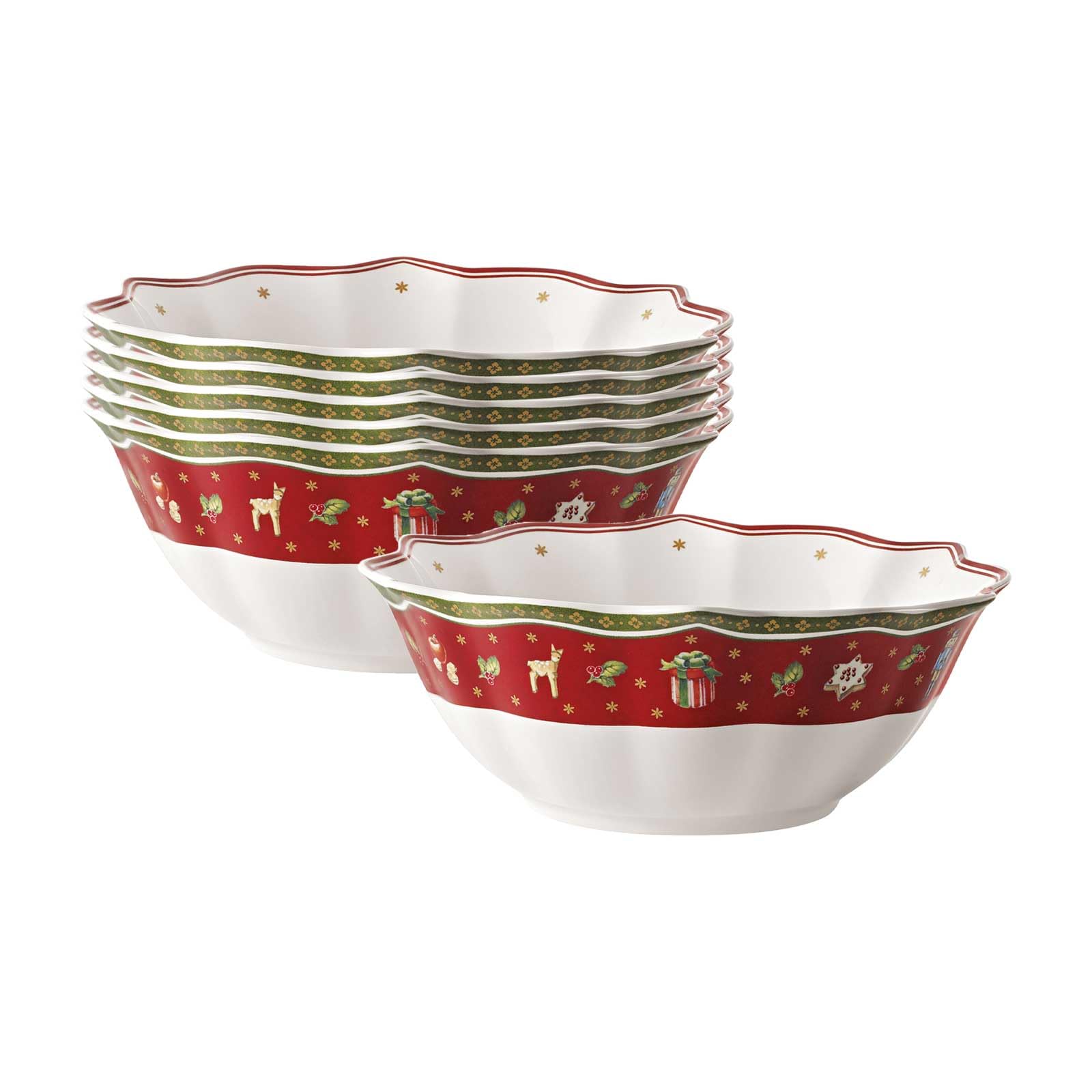 Villeroy & Boch Toy's Delight Schalen 6er Set, 19cm, Für Plätzchen, Weihnachtsgeschirr Aus Porzellan, Weihnachtsmotiv Keramik, Premium Porzellan, Weiß/Rot