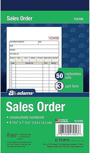Adams Libro de pedidos de ventas, 3 partes, sin carbono, 4-316" X 7-316" pulgadas, 50 juegos, blanco, canario y rosa (TC4705) (paquete de 12)