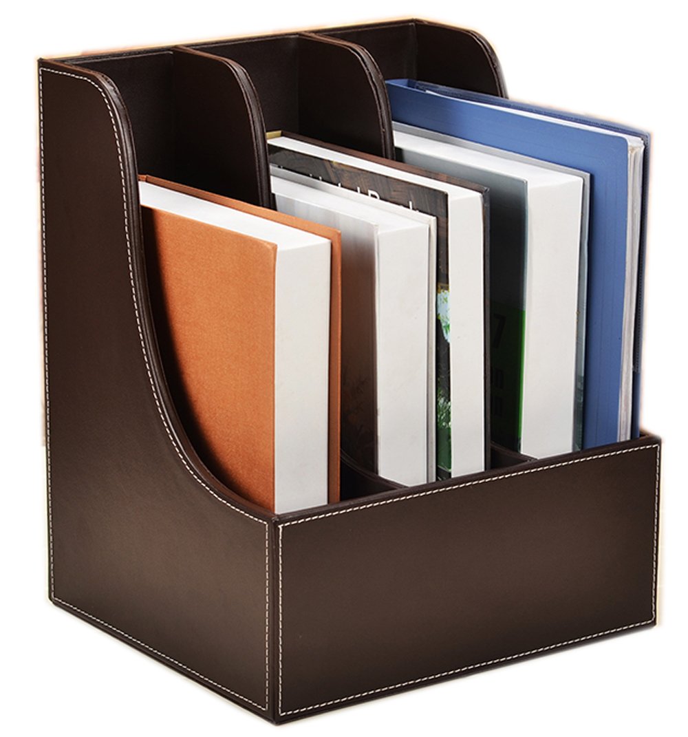 Figella ArcCurved Angle 3 Slot Wood Leather Magazine Holder Office Desk Organizer File Document Tray Box Bookends Book Stand (coffee)