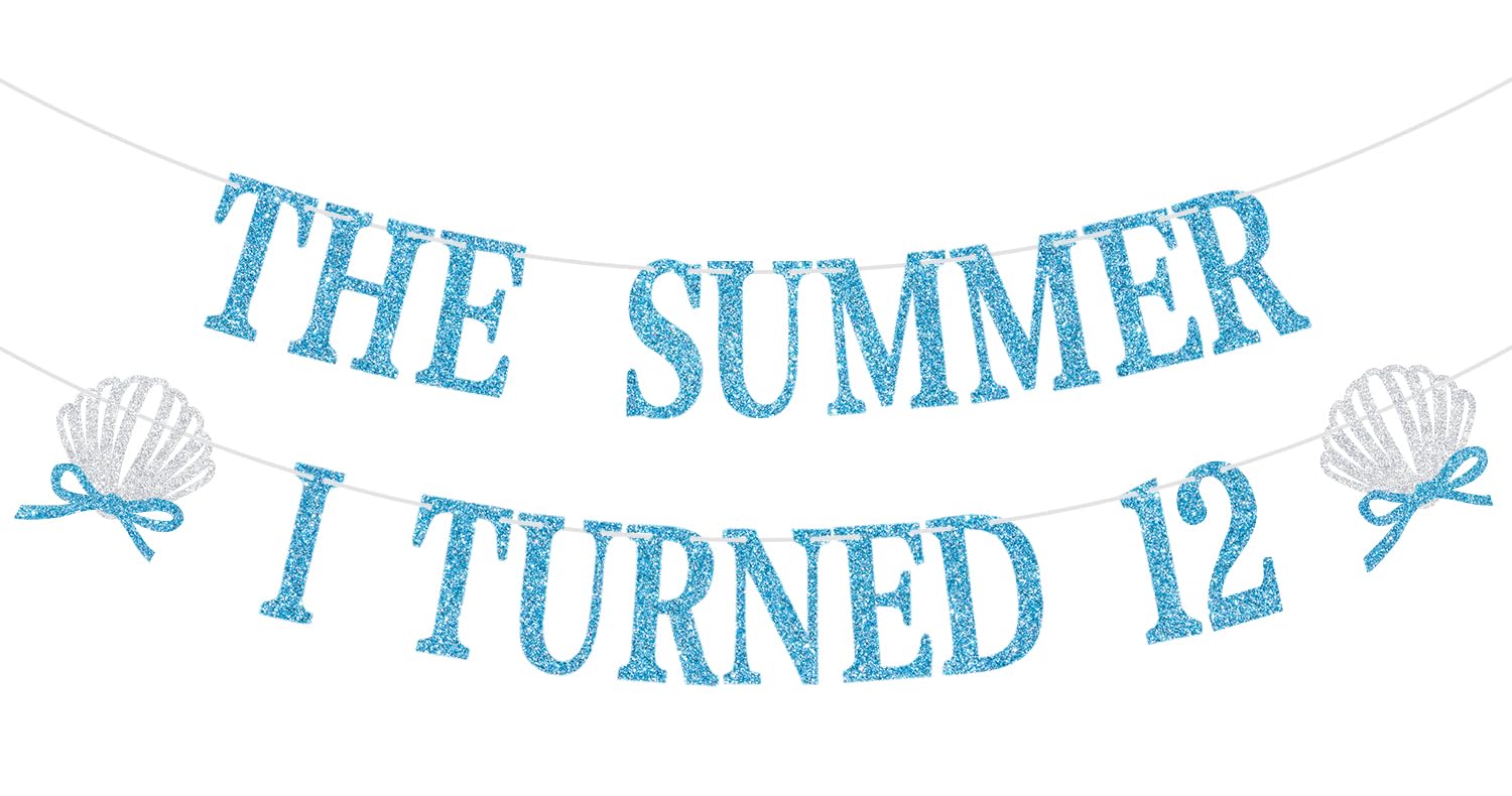 The Summer I Turned 12 Banner, Summer 12th Birthday Decorations, Ocean Beach Sea Themed 12 Years Old Birthday Party Decorations, Blue Glitter