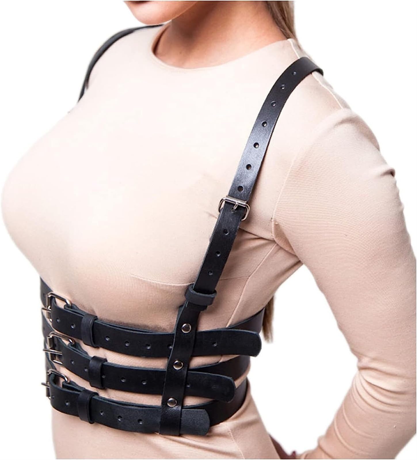 2393 Womens Goth Belt Leather Rock Punk Waist Harness For Woman Three Row Large Cone Stud Black Vegan Leather Belt Punk Rock  main image 2