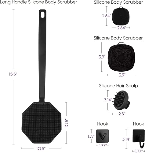 Miniatura 4 de Juego de fregadores de silicona para hombres, incluye fregadores de espalda y cuerpo, cepillo facial, masajeador de cuero cabelludo, 4 ganchos de