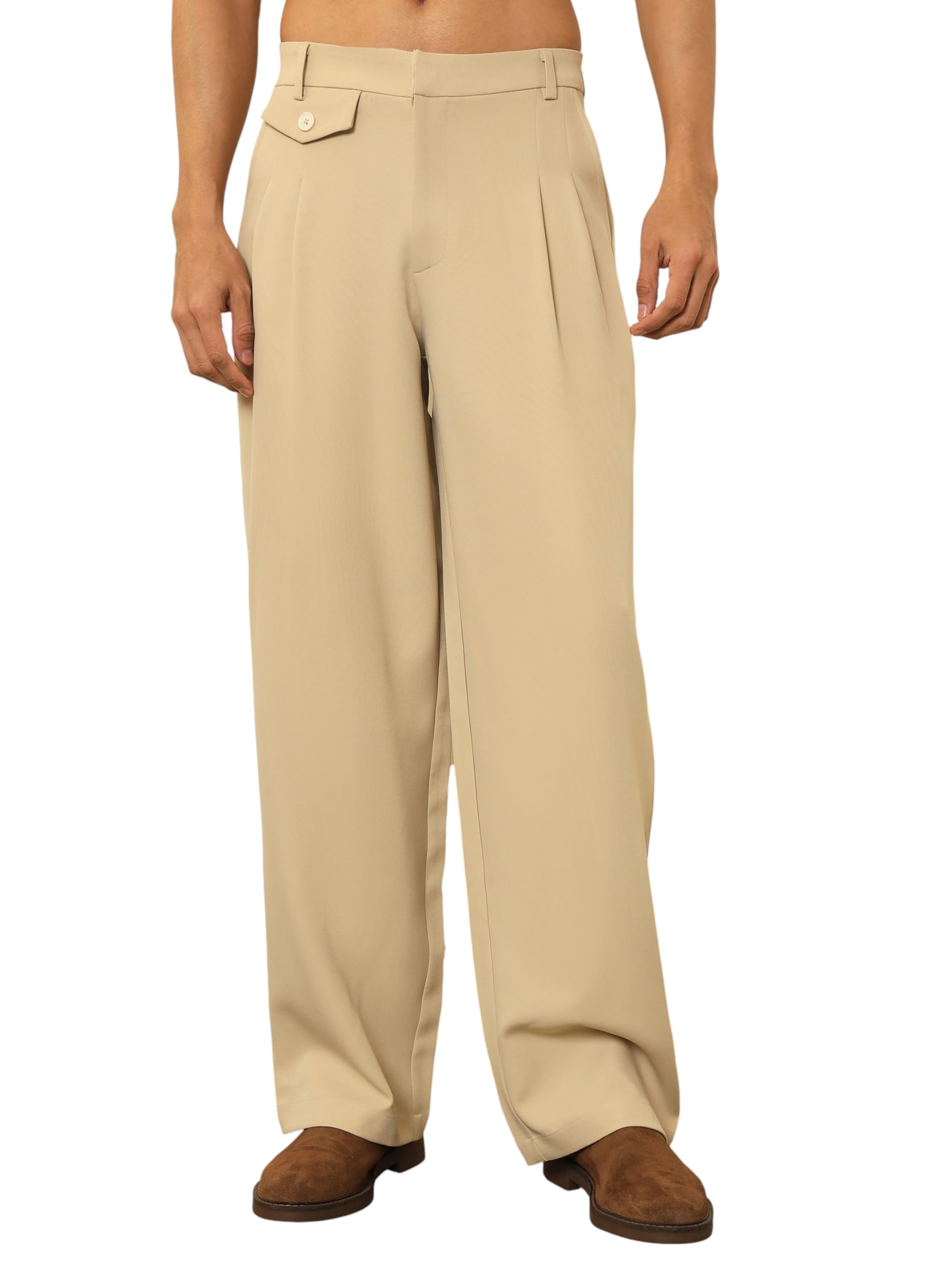 SASSAFRAS Men's Mock-Flap Pocket Pleated Korean Pants in neutral