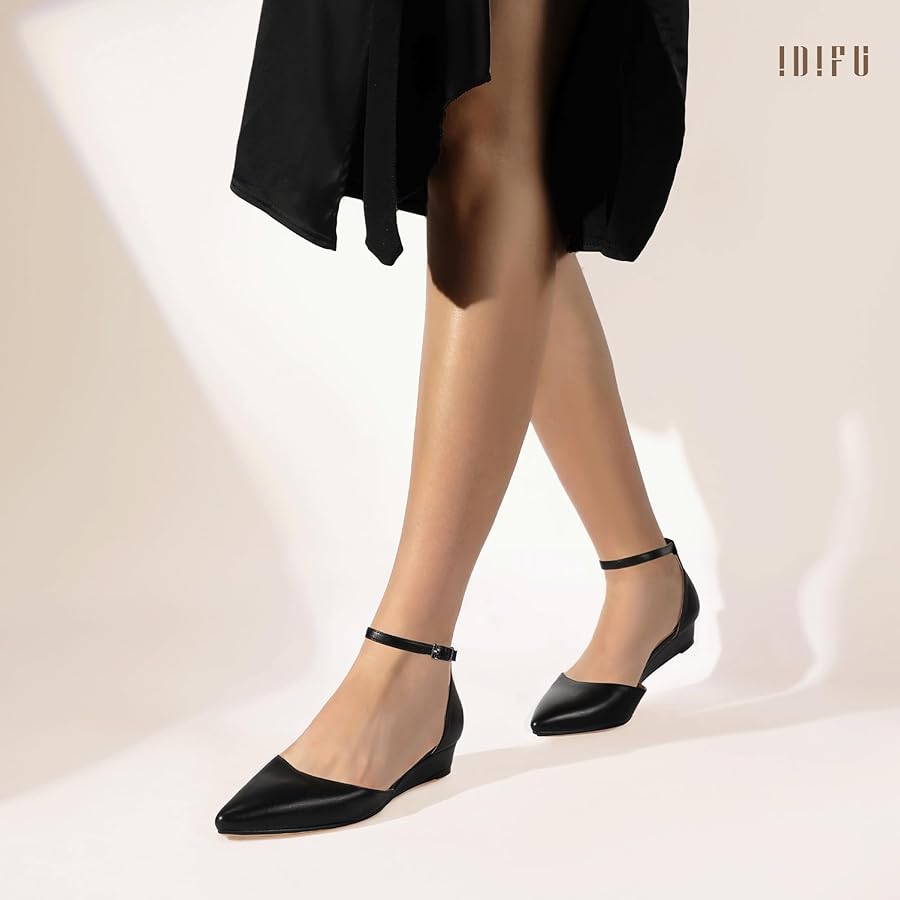 Amazon.com | IDIFU Black Flats Low Wedge Closed Pointed Toe Dress Shoes for  Women with Adjustable Ankle Strap Wedding Prom Work Office Church  Comfortable Dressy Casual Formal Cute Flat Shoes(Black Pu, 5) |