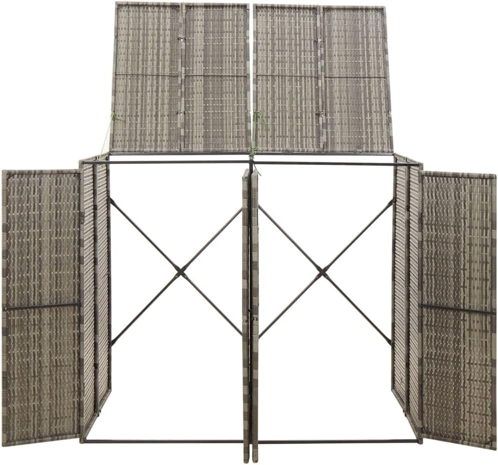 vidaXL Double Wheelie Bin Shed in Gray Poly Rattan - Durable and Weather, Lockable Outdoor Bin Storage with Easy Access Lid, Powder-Coated Steel Frame - Holds 2 Bins