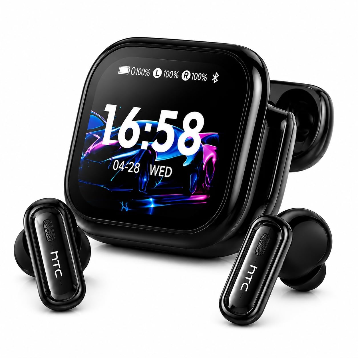 HTC Auricolari wireless NE68 con custodia touchscreen, Bluetooth 6.0, nero | Custodia di ricarica touchscreen a colori con supporto per la traduzione