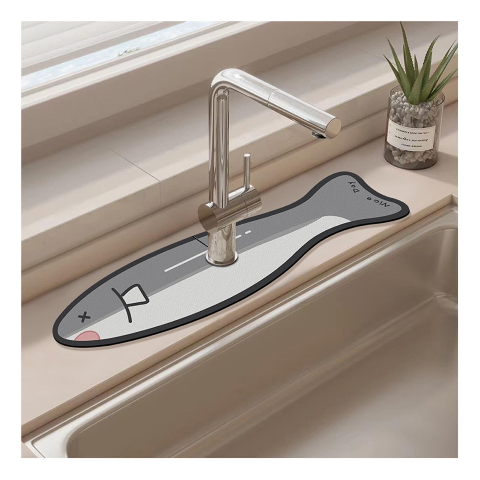 Faucet Absorbent Mat for Kitchen Sink|Creative Cute Cartoon Pattern Faucet Drip Catcher Fast Drying Mat|Splash Guard for Sink Faucet,Gray Fish,14x38cm(5.5x14.9in)-Hole Diameter 6.35cm(2.5in)