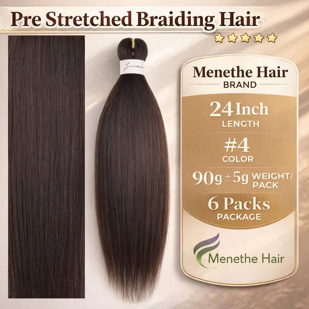 Braiding Hair, Pre Stretched 24 Inch Dark Brown 6 Packs - Itch-Free & Anti-Tangle Professional Pre Stretched Braiding Hair Extensions Soft Yaki Synthetic Crochet Braids(24Inch,4#).