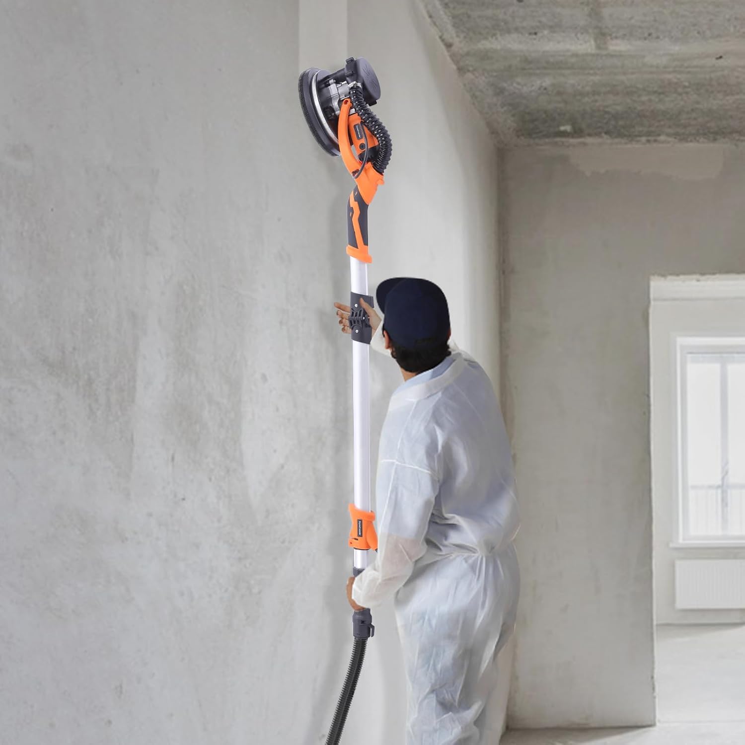 Electric Drywall Sander, Foldable Ceiling Wall Sander With Dust Collection Bag and Hose LED Light Variable Speed(1300-2800RPM) Drywall Sander with 6 Sandpapers and Extendable Handle