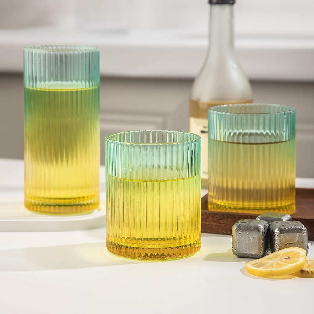 Ribbed Drinking Glasses 8pcs, 12oz and 10oz Glassware, Tumbler Glasses Cup Set for Wedding, Party, Christmas Gift, Golden Green - Image 7