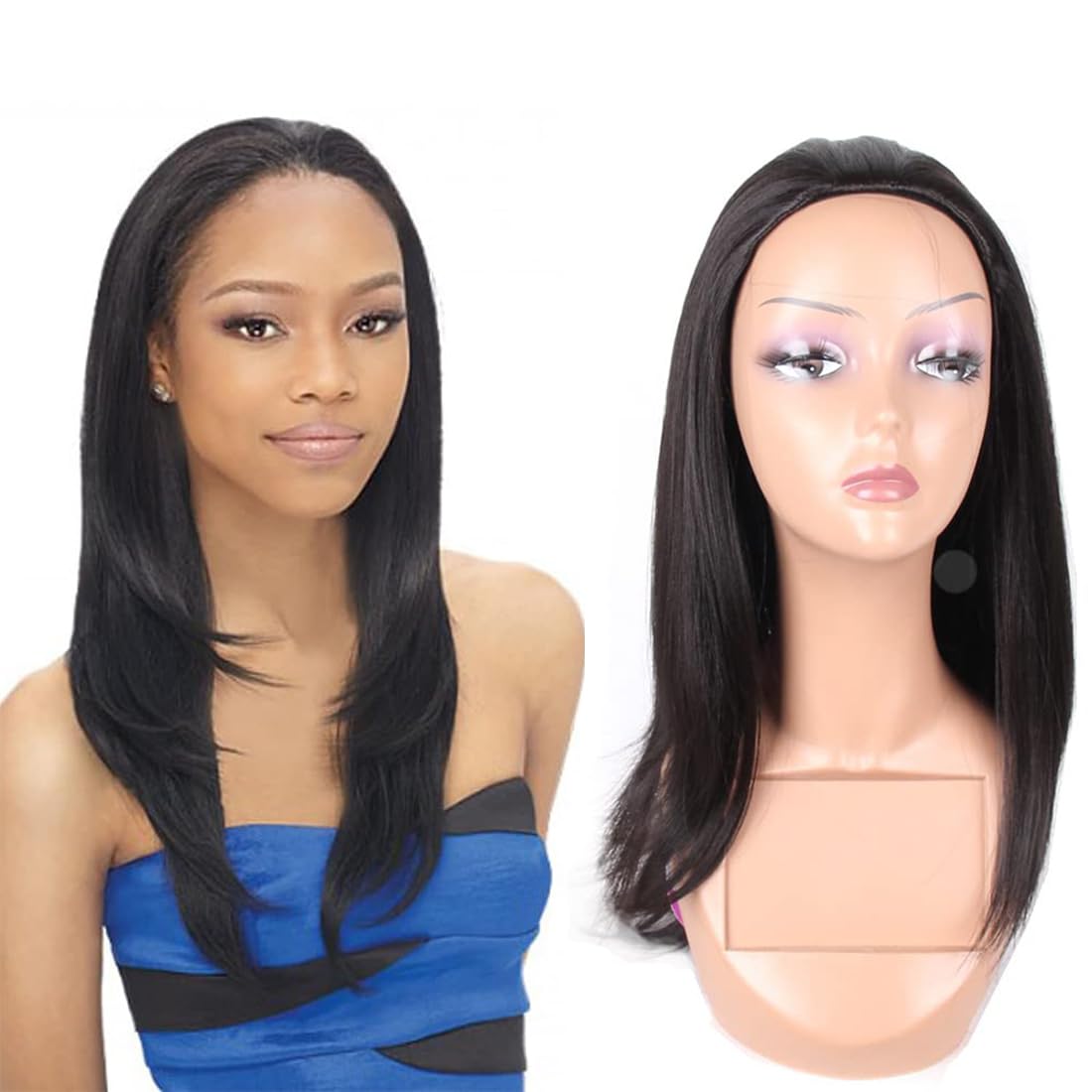 Quick Wear Weave Wigs for Women Straight Synthetic Hair 16 Inch 3/4 Half Up Half Down Wig Perfect Hairline Wig Japanese Fiber Wigs (#2 Darkest Brown)