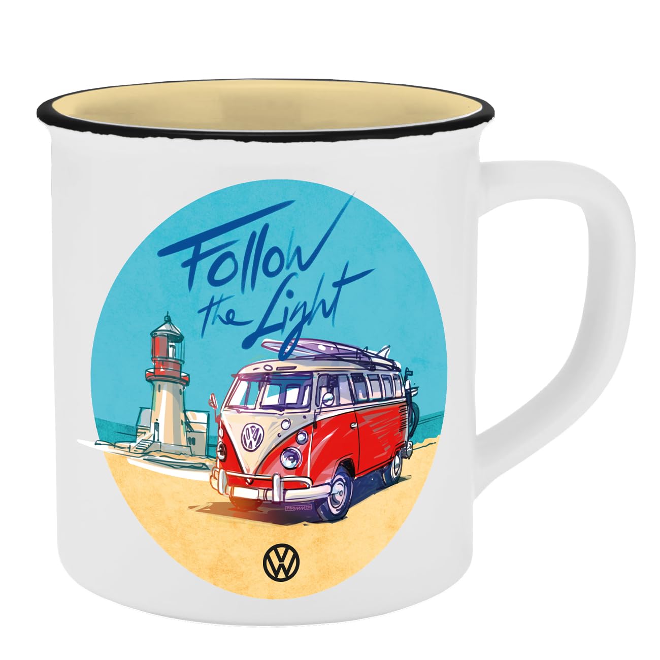 Tasse Follow the light Emaille-Optik 400ml, Volkswagen, Bulli, Reisen, Retro