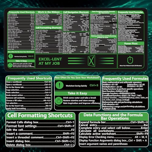 Image of iCasso Excel Cheat Sheet Desk Pad, Excel Mouse Pad Shortcuts, Excell Short Cut Desk Mat, Extended Large XXL Non-Slip Exel Mousepad with Stitched Edges for Computer Keyboard