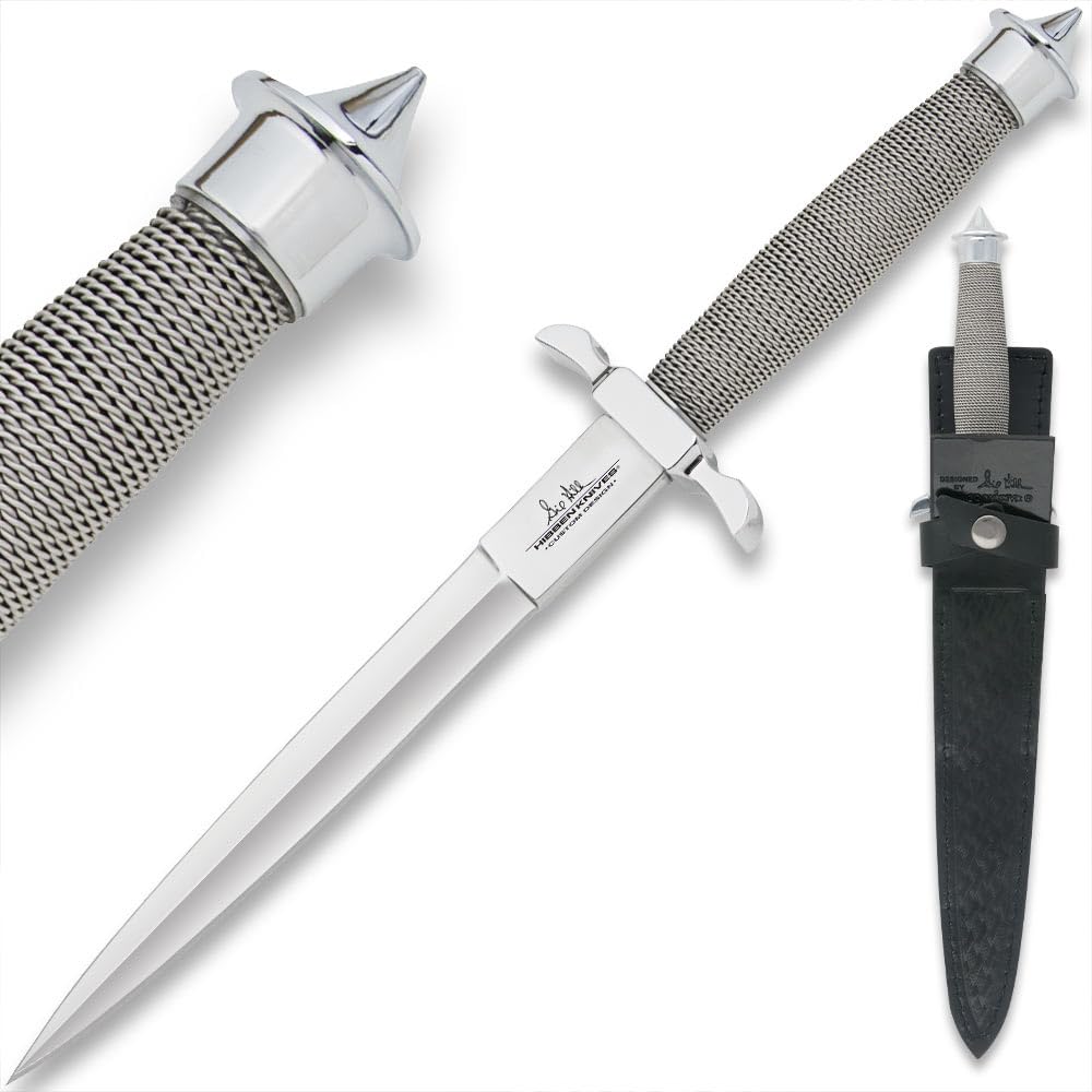 GIL HIBBEN Silver Shadow Dagger Knife With Leather Sheath - Double-Edged Stainless Steel Blade, Wire-Wrapped Handle, Signature Stamp, Must-Have for Hibben Collectors - Length 12 1/4"
