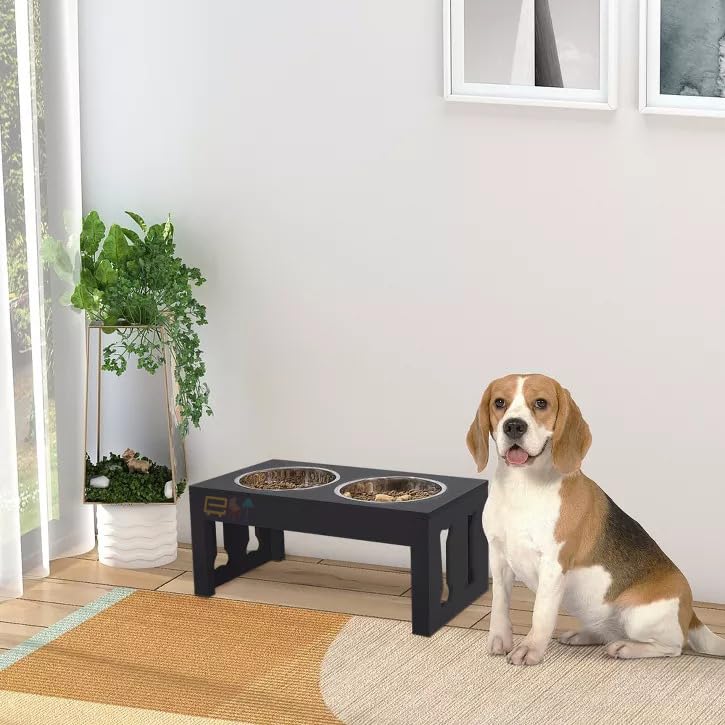 EMIWUD FURNITURE Modern Wooden Dog Bowl Stand | Dog Feeding Station | Pet Food Bowl with 2 Stainless Steel Bowl for Water & Food (Black) (B0CVVTYBJH) Amazon Price History, Amazon Price Tracker