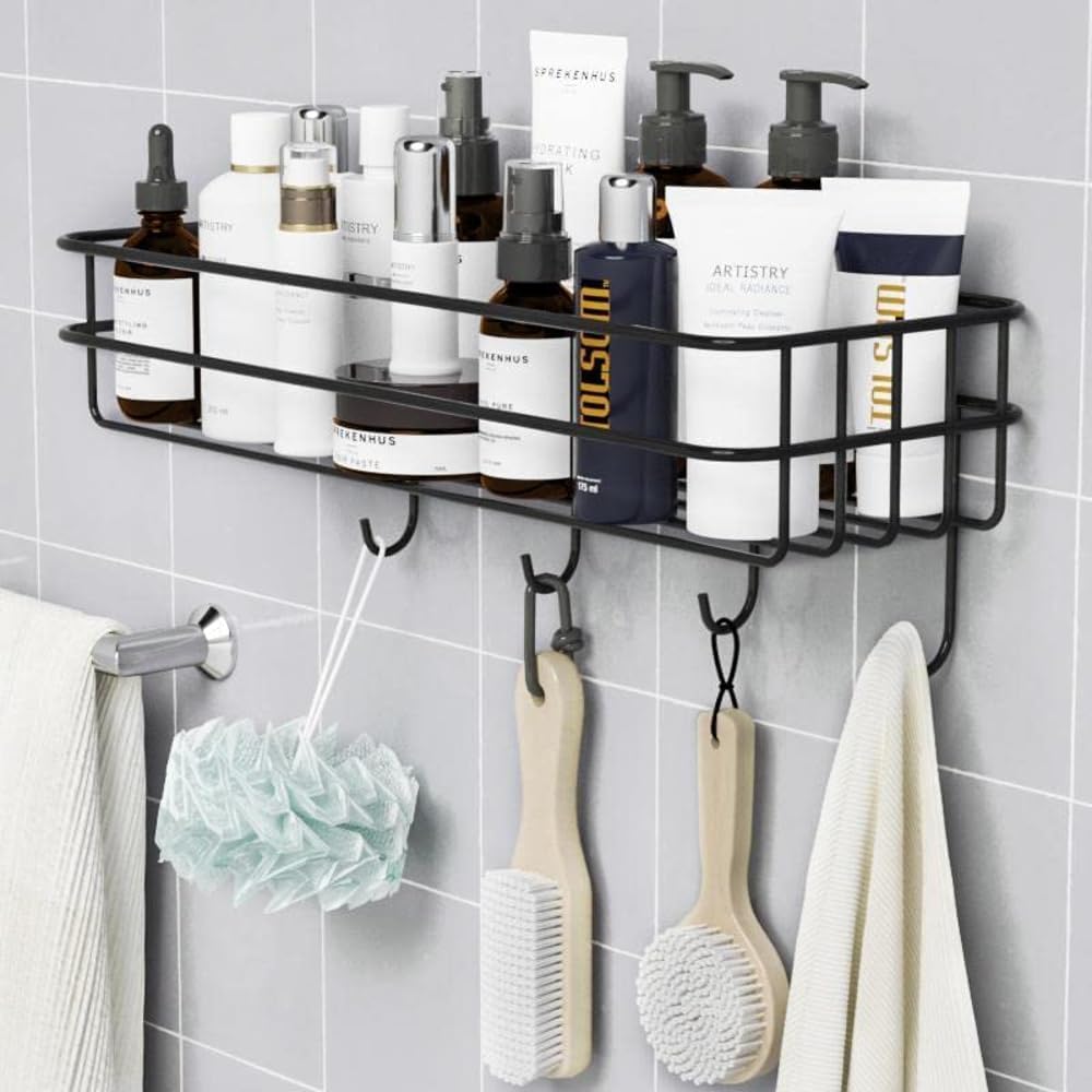 QXORE Plastic Kitchen Bathroom Shelf Wall Holder Storage Rack Bathroom Rack Storage Box Strong Magic Sticker Shower Rack Shelf, White (1 PACK, ALUMINIUM BLACK SHELVES) (B0D76TZVKD) Amazon Price History, Amazon Price Tracker