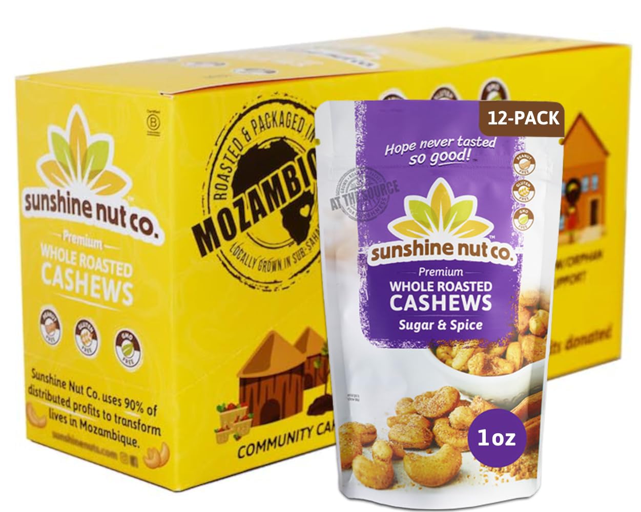 Sunshine Nut Company Whole Roasted Lightly Salted Cashews, Sugar and Spice Flavor, 12-Pack, 1.05 oz. Each, Gluten Free, Peanut Free and Vegan Individual Snack Packs for Kids and Adults, GMO Free