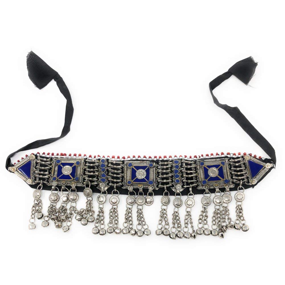 Statement Afghan Tribal Gypsy Choker Necklace with Bells Pearls Mirrors Beads Coins Lapis Lazuli